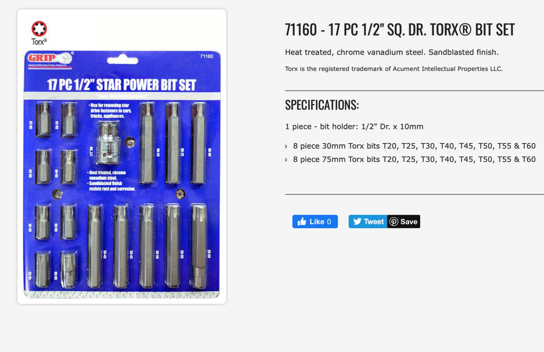 Force pro 17pc 1/2'' Drive BIT HOLDER Torx Bit Set T20-T60 8 /3"LONG STAR