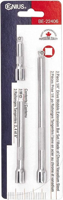 Genius Tools 3PC 1/4" Dr. Wobble Extension Bar Set Made in Taiwan BE-22406