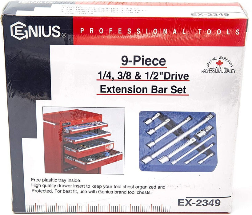 Genius Tools 9 Pce 1/4" 3/8" & 1/2" Mixed Drive Extension Bar Socket Set EX-2349