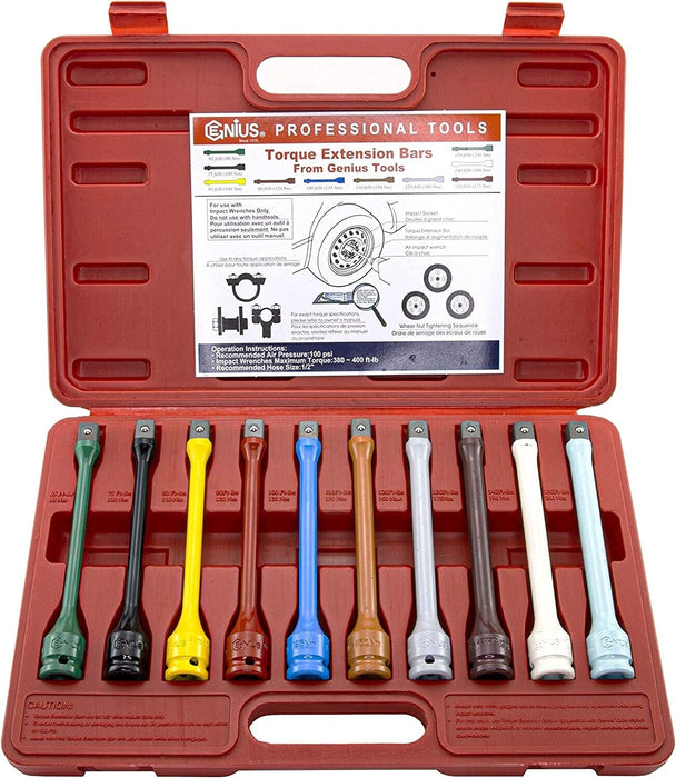 Genius Tools 10PC 1/2"Dr Torque Extension Bar Set Made in Taiwan  65-150ft.lbs
