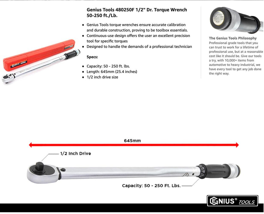 Genius Tools 1/2" Dr. Torque Wrench, 50 ~ 250 ft. lbs.  Made in  Taiwan