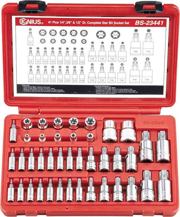 Genius Tools 41 Piece 1/4" & 3/8" & 1/2" Dr. Star Bit Socket Set Made in Taiwan