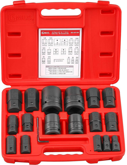 Genius Tools 18PC 3/4" & 1" Dr. SAE Hex Bit Socket Set (CR-Mo) Made in Taiwan