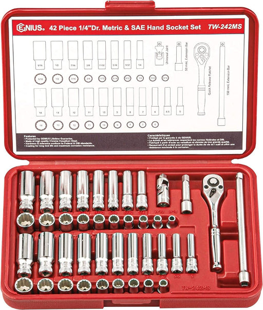 Genius Tools 42PC 1/4" Dr 12PT Metric & SAE Deep Hand Socket Set Made in Taiwan - FISHER DISCOUNT
