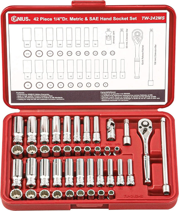 Genius Tools 42PC 1/4" Dr 12PT Metric & SAE Deep Hand Socket Set Made in Taiwan - FISHER DISCOUNT