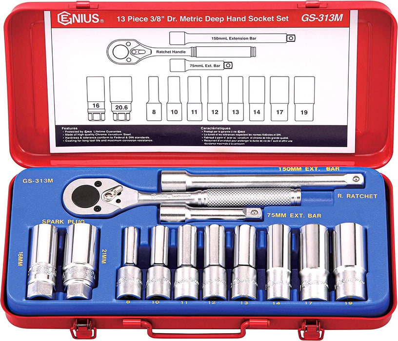 Genius Tools 13PC 3/8" Dr. Metric Deep Hand Socket Set  Made in Taiwan