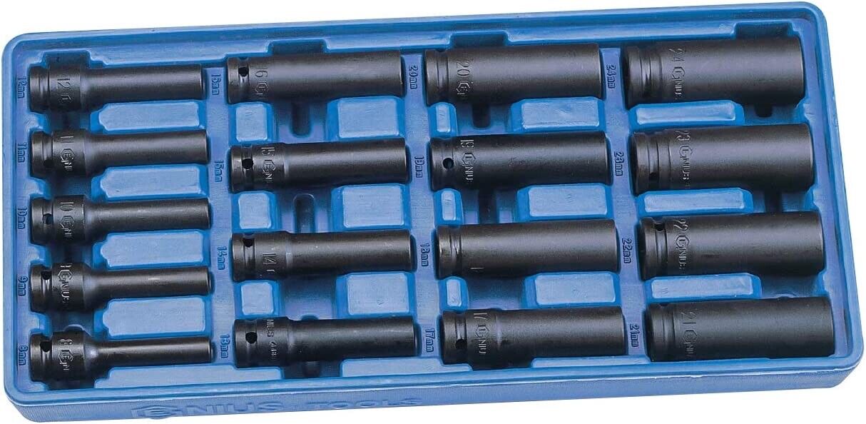 Genius Tools 17PC 1/2" Dr Metric Deep Thin Wall Impact Socket Set  Made Taiwan