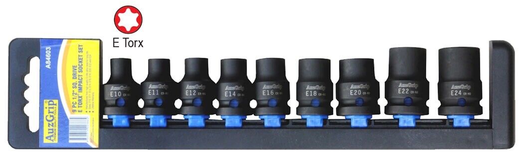 Force 9Pc E-Torx Socket Set Female External Star Type E10-E24 1/2" Dr With Rail