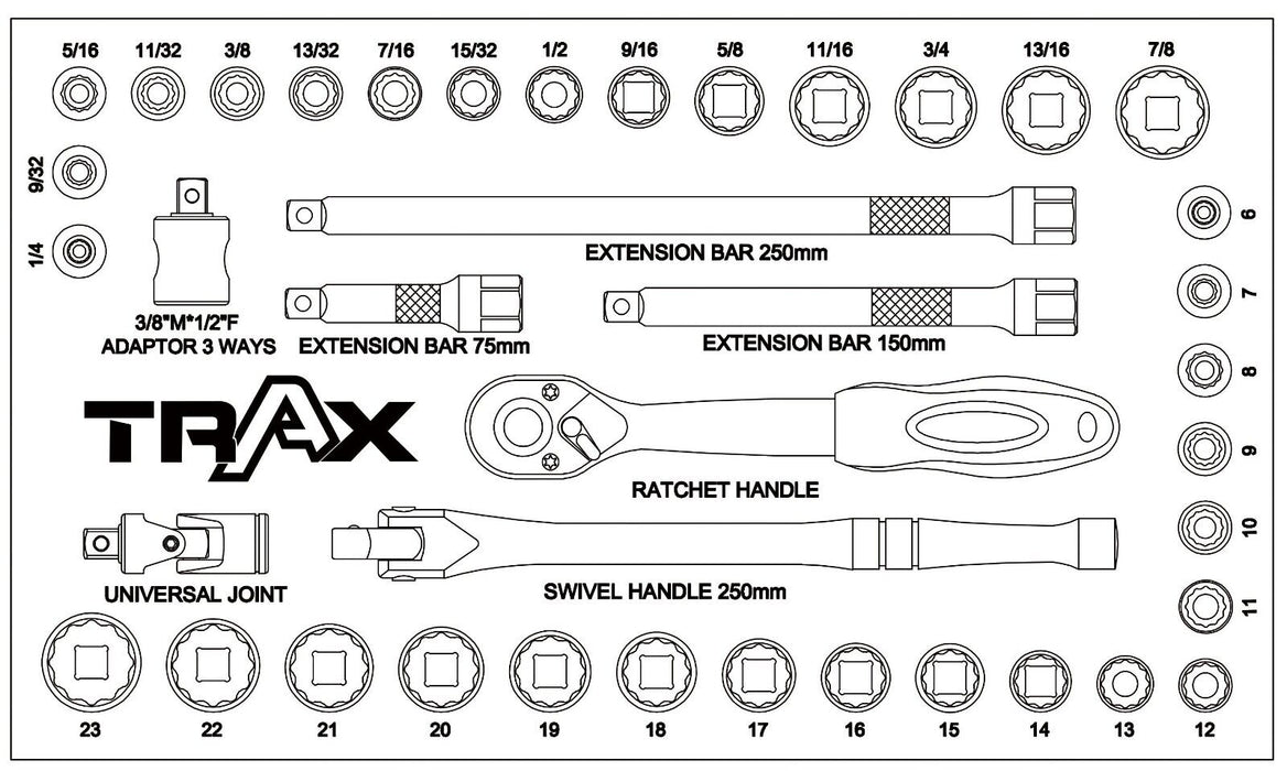 Trax 40Pc 3/8" Drive MM/SAE Socket Set Made in Taiwan 6-23mm / 1/4-7/8