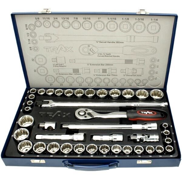 TRAX 40PC 1/2" DR Socket Set Metic/SAE in Steel Case Made in Taiwan 10-32mm