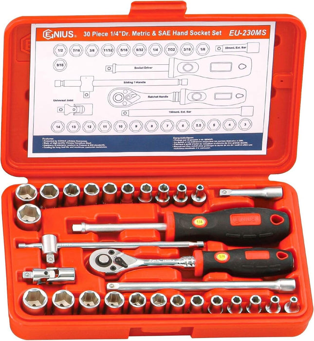 Genius Tools 30PC 1/4" Dr. SAE Hand Socket Set Made in Taiwan 3~14mm 1/8” ~ 9/16