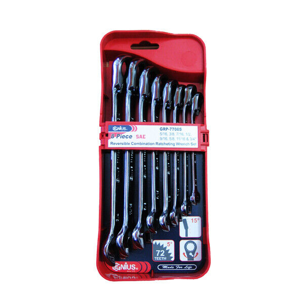 Genius Tools 8pc 5/16 - 3/4" 72T SAE/MERTIC Gear Combination Ratchet Spanner Set