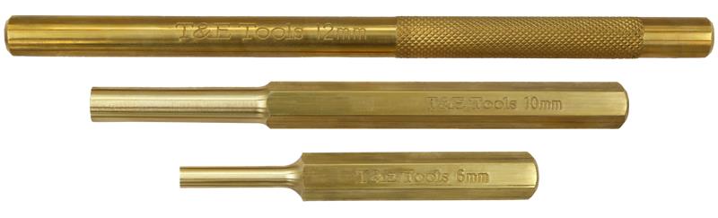 T&E Tools 3PC Brass Pin and Drift Punch Set Non Sparking & Marring 6/10/12mm