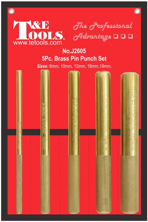 T&E Tools 5PC  Brass Punch set  6/10/12/16/19mm 145mmL - FISHER DISCOUNT