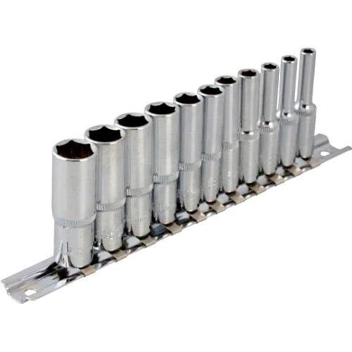 Force pro 1/4"Dr 6PT DEEP Metric Durable Chrome Socket Set on Rail  4-14mm