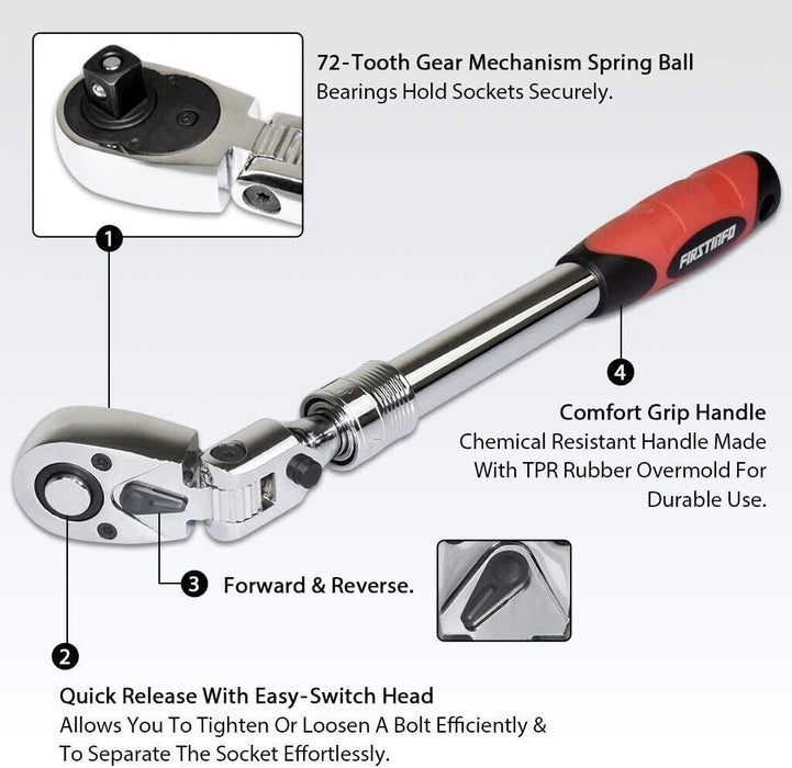 Retractable 1/4" 3/8" 1/2" Extending Ratchet Wrench 72T Handle Wrench Tools OZ