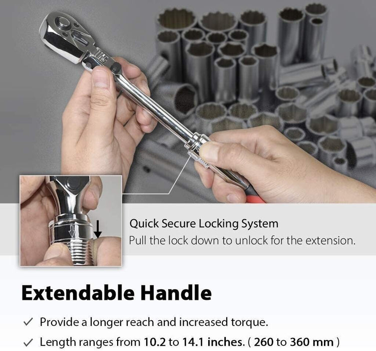 Retractable 1/4" 3/8" 1/2" Extending Ratchet Wrench 72T Handle Wrench Tools OZ