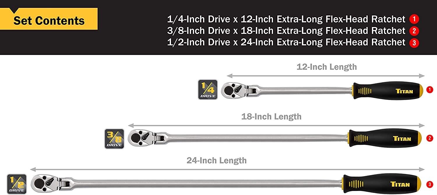 1/4 3/8Dr  72PT Ratchet Extra Long Flexible & Quick release Slimline Head