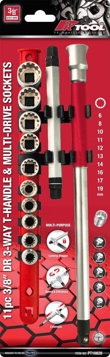 PRO 1/2&3/8" Dr Short Tooth Sockets Set with 3-Way T-Handle Wrench Set 4-19mm