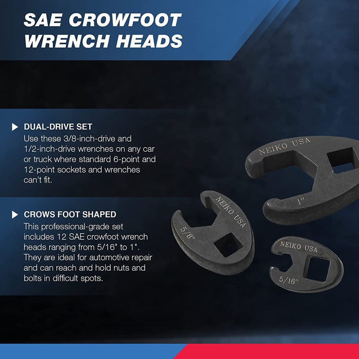 Force pro 16PC Flare Nut Crowsfoot Wrench SAE 3/8" & 1/2" Set  5/16- 1-1/4”