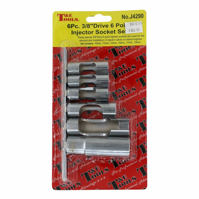 T&E Tools 3/8"Dr 6PC 6PT Injector Socket Set Made in Taiwan 10-19mm - FISHER DISCOUNT