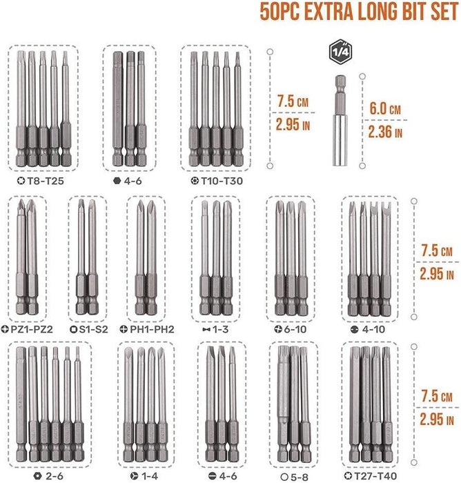 PK Tools 50PC Torx Hex Spline Phillips Pozi Star Security Bit Long Shaft Set