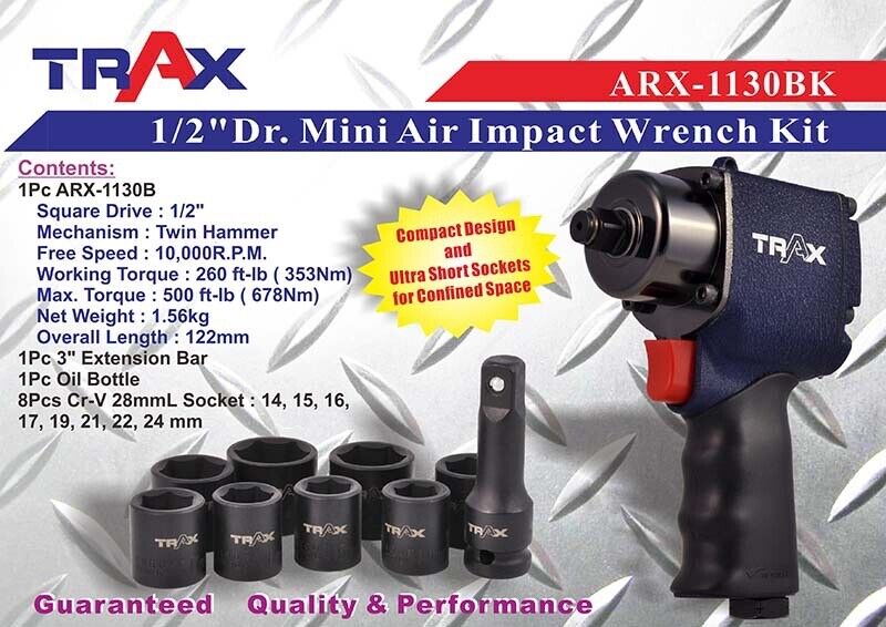 Trax 1/2”Dr. 9PC Twin Hammer Mini Air Impact Wrench Kit Made in Taiwan