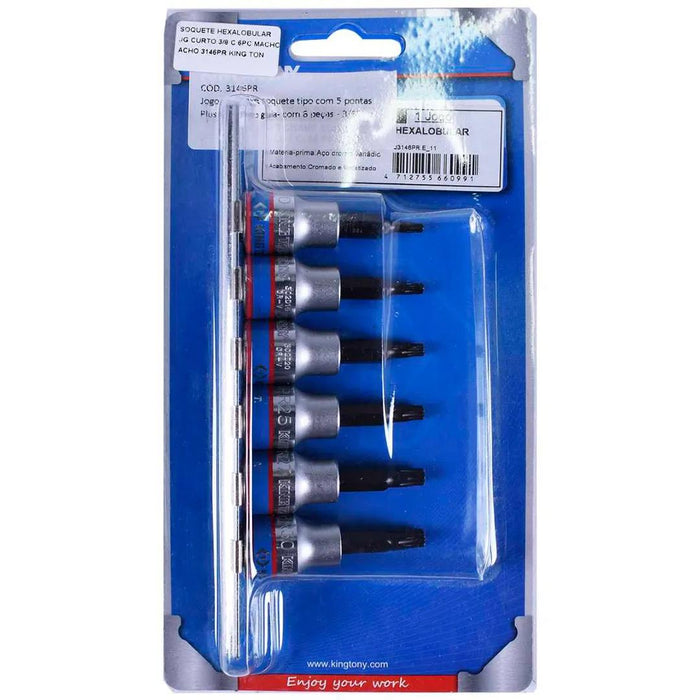 KING TONY 6PC 5Point Torx Star Bit Set 3/8"Dr Tamper Proof Security T10-T30