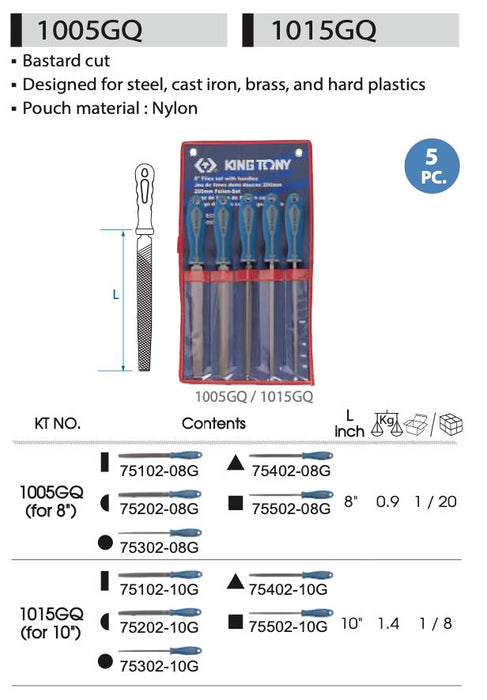 KING TONY Engineer’s File Set Premier 5pc 200mm Second Cut Coarse Flat Round