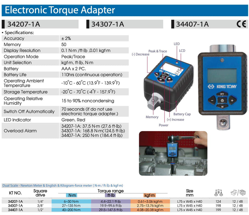 KING TONY  1/2" Dr Digital Torque adapter w/- 40~200 N‧m Made in Taiwan