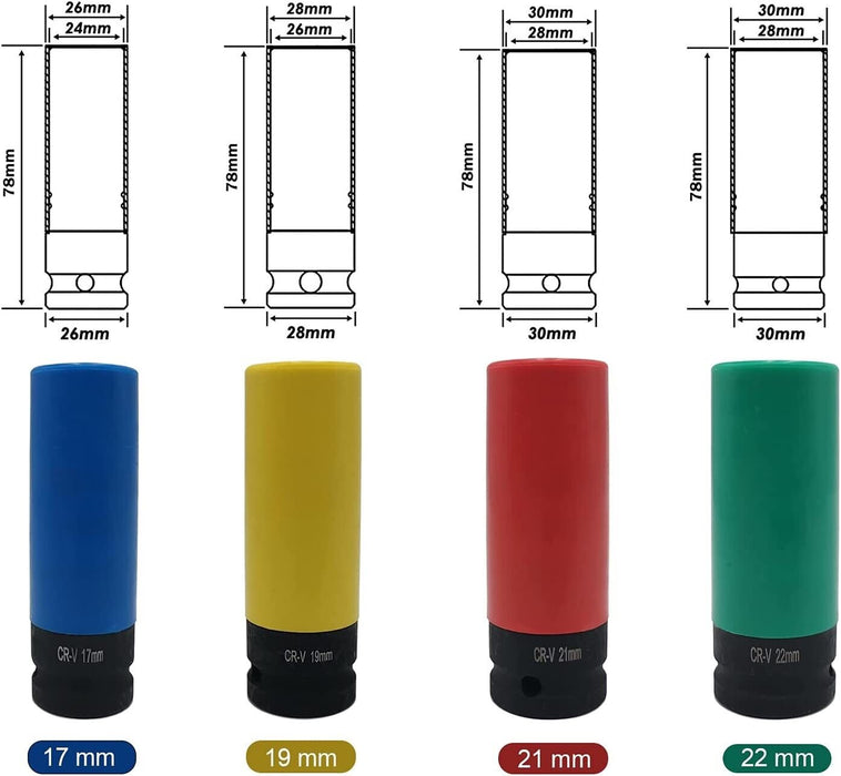 1/2"Dr Lug Nut Impact Socket Set Thin Wall Deep Wheel Protector 17 19 21 22mm - FISHER DISCOUNT