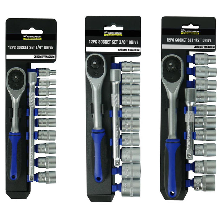 Quick Release Socket Ratchet Set 1/4 3/8 1/2"Dr Metric 4-13mm |CRV Extension bar