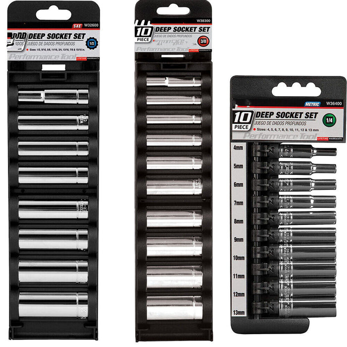 FORCE PRO 9pcs 1/4 3/8 1/2 Deep Socket Set 1/4" 3/8" 1/2" Drive metric Tool - FISHER DISCOUNT