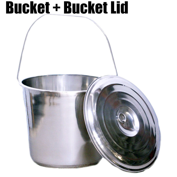 Stainless Steel Bucket with Handle 5Ltr HDuty Premium Quality NewModel + 5L Lid - FISHER DISCOUNT