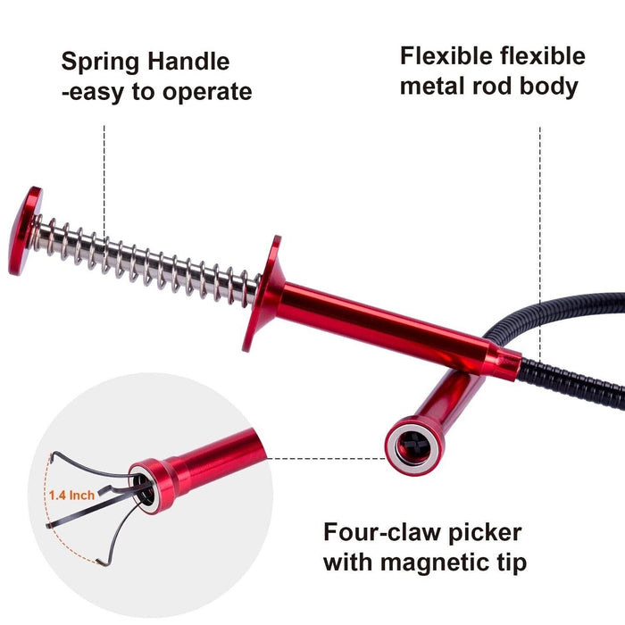 Red Flexible Pick Up Tool With Magnet 4 Claw Magnetic Long Spring Grabber 60cm