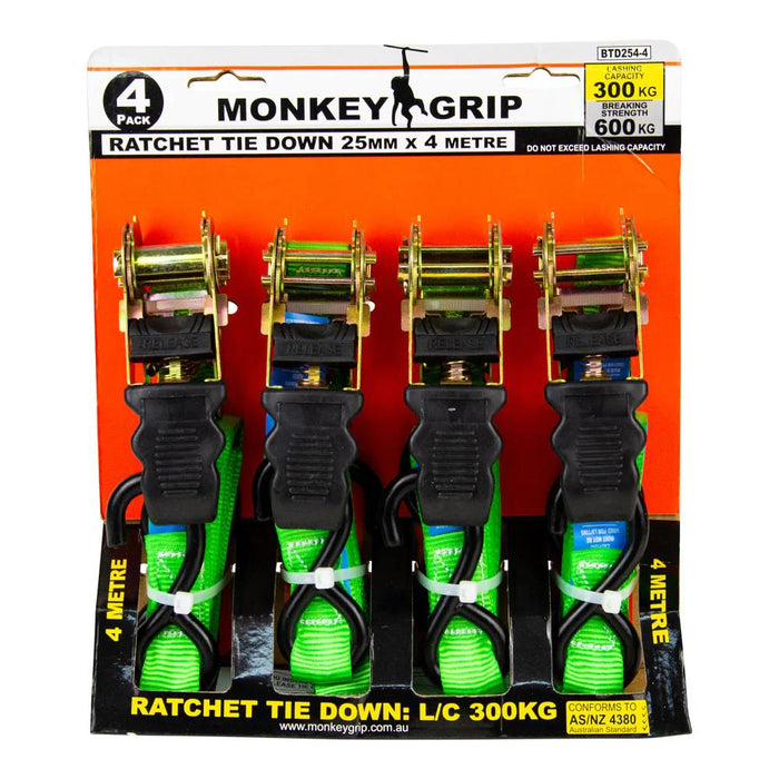 MONKEY GRIP 4*Ratchet Tie Down Straps 25mm x 4m /LC:300KG/Trailer Truck Boat