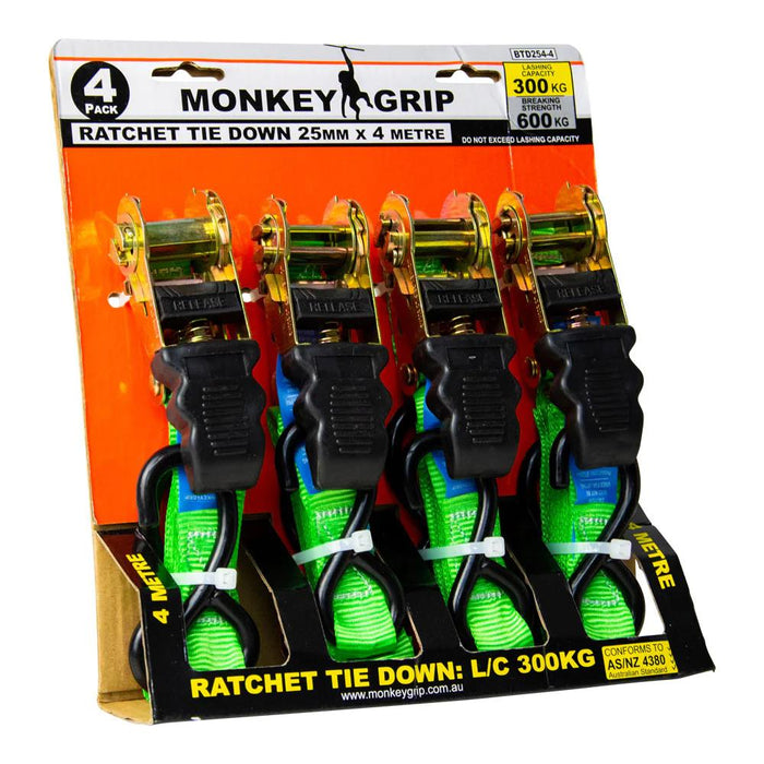 MONKEY GRIP 4*Ratchet Tie Down Straps 25mm x 4m /LC:300KG/Trailer Truck Boat