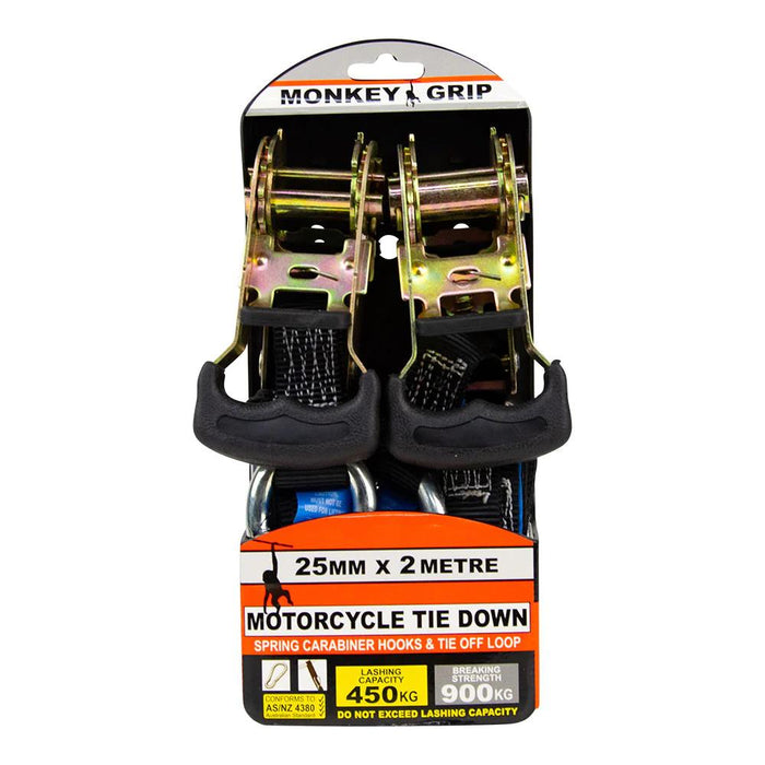 Monkey Grip Motorcycle Tie Down 450KG Capacity 25mm Webbing "S" Hook , Trailer,