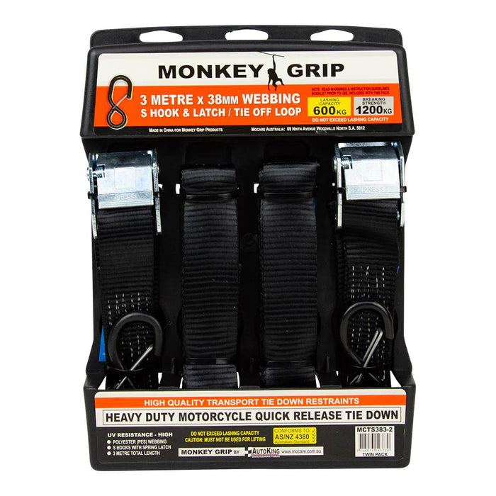 Monkey Grip Quick Release Tie Down Motorcycle 38mm X 3m S-Hooks & Latch 600KG