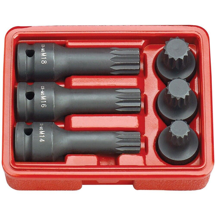 6PC 1/2" DR IMPACT MULTI SPLINE SOCKET BIT SET 43& 178mmL X M14 M16 M18 TAIWAN