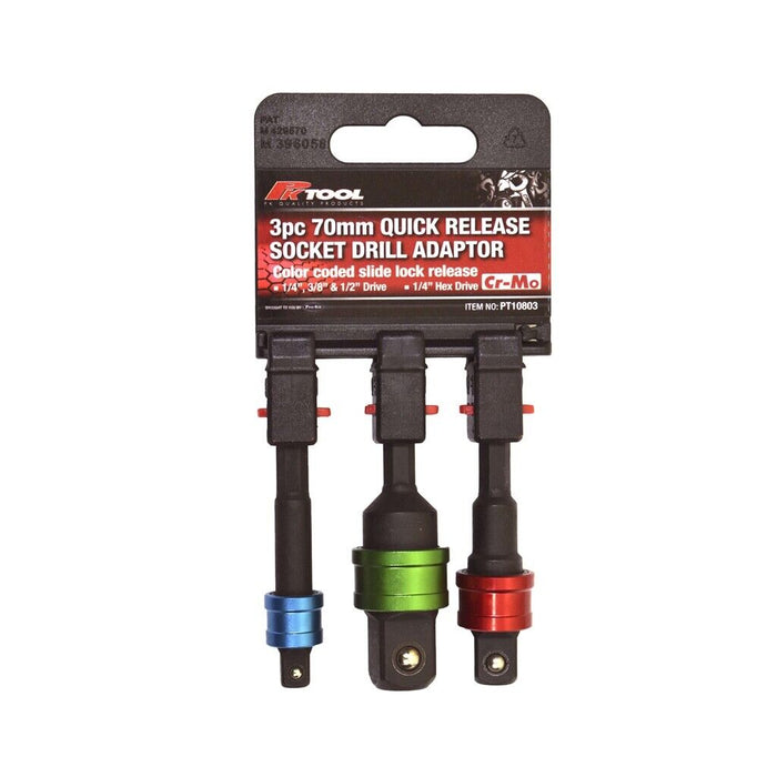 PK Tools Quick Release Socket Drill Adaptor 70mm 3pc 1/4", 3/8" 1/2" Made TAIWAN
