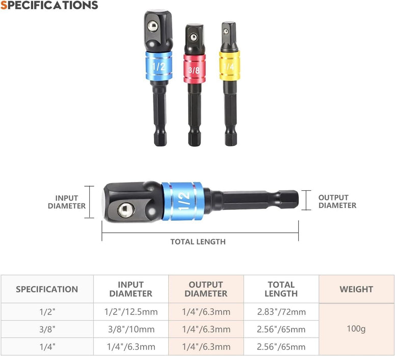 PK Tools Quick Release Socket Drill Adaptor 70mm 3pc 1/4", 3/8" 1/2" Made TAIWAN