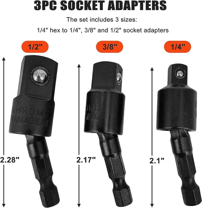 Force pro 1/4", 3/8", 1/2" Impact Grade Socket Adapter Set with 360 Degree