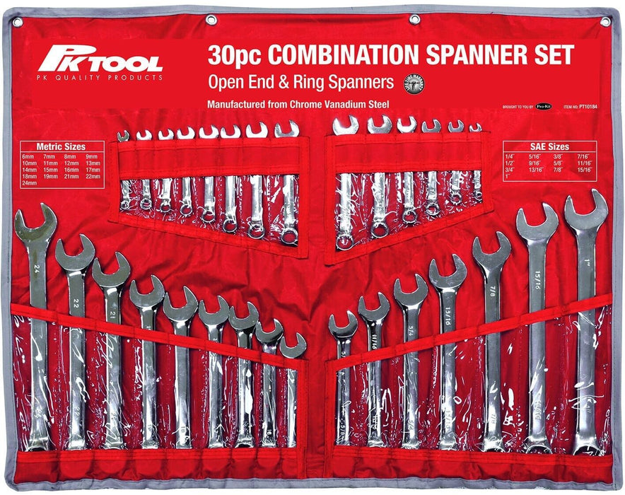 Pk Tools Combination Wrench Spanner 30pc Set Metric SAE +Tool Roll