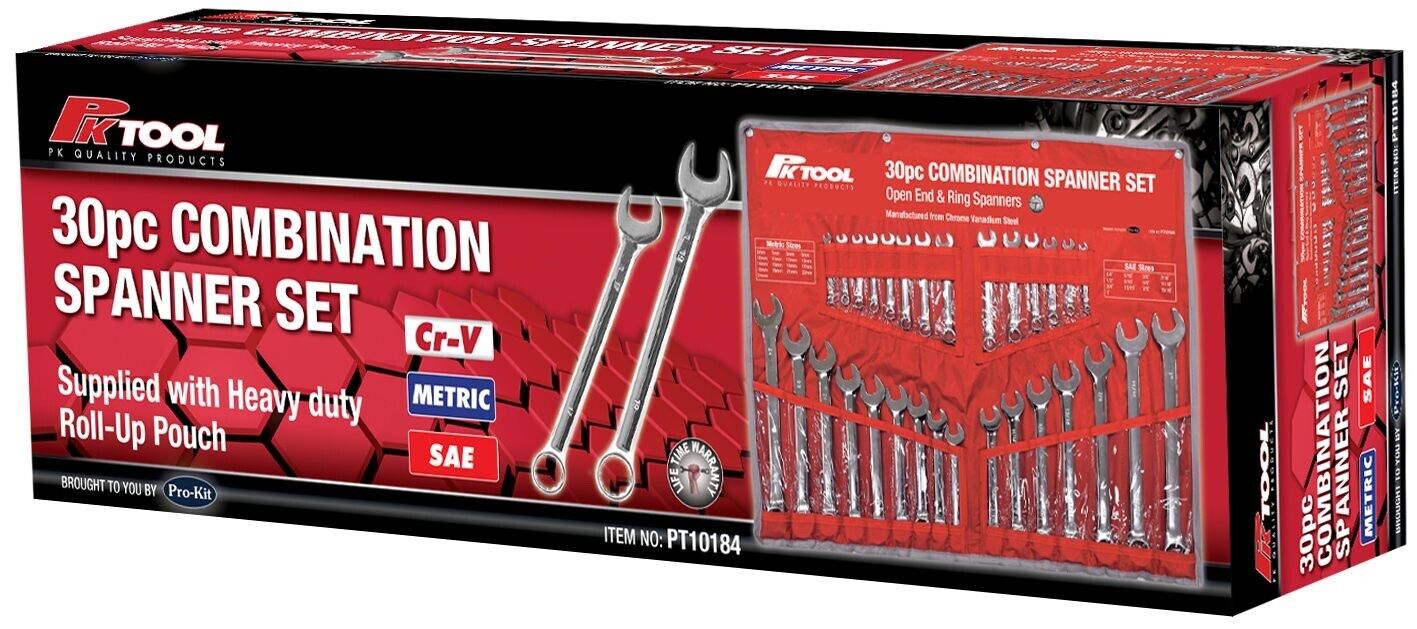 Pk Tools Combination Wrench Spanner 30pc Set Metric SAE +Tool Roll