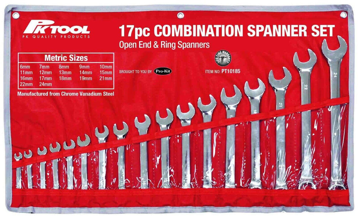 PRO 17Pc Spanner Set Metric Combination Wrenches Open End Ring CR-V 8-24mm