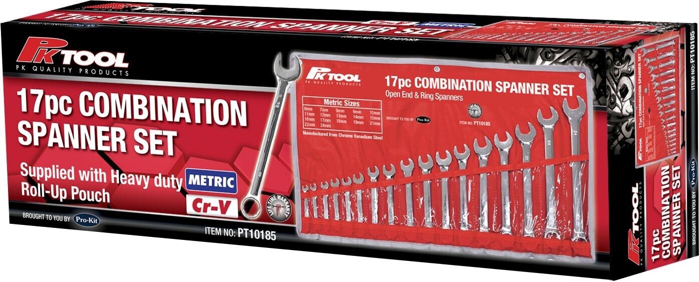 PRO 17Pc Spanner Set Metric Combination Wrenches Open End Ring CR-V 8-24mm