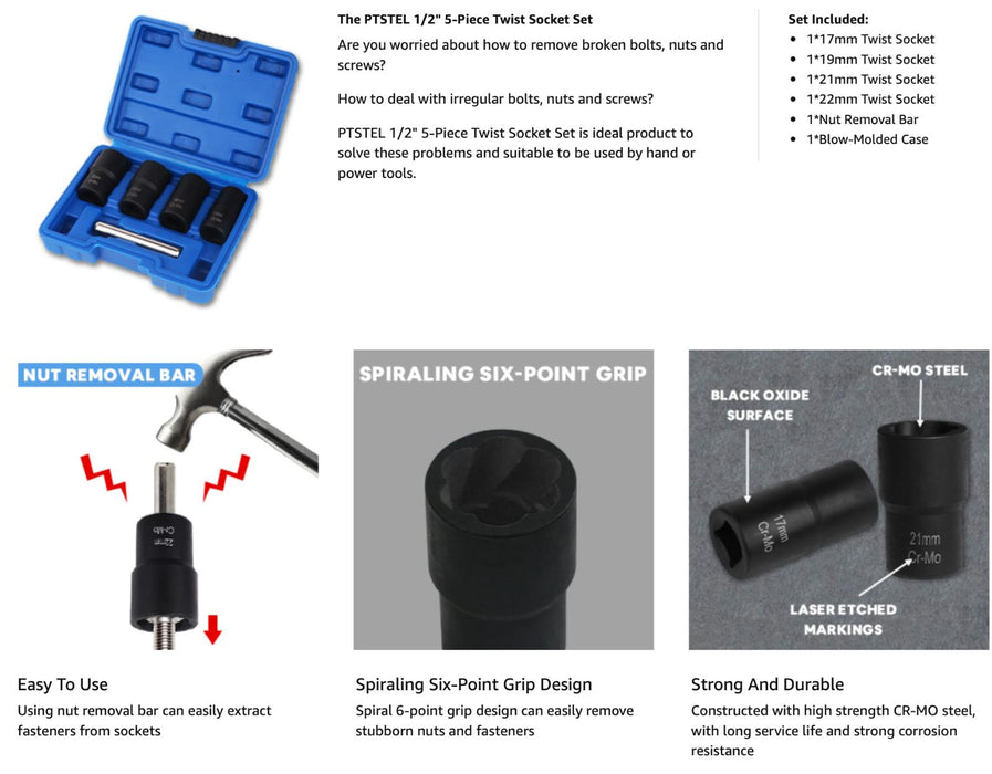 5pc 1/2" Dr Cr-Mo Spiral Twist Socket F Damaged Round Bolt Lug Nut:17,19,21,22mm