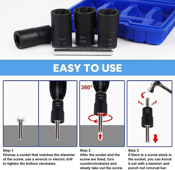 5pc 1/2" Dr Cr-Mo Spiral Twist Socket F Damaged Round Bolt Lug Nut:17,19,21,22mm