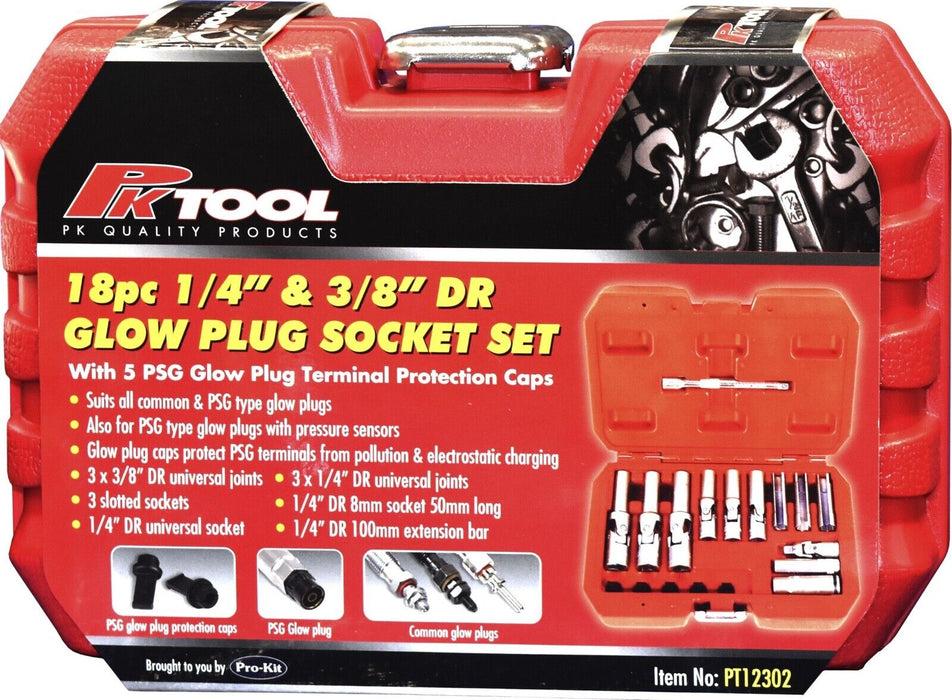 Force pro Glow Plug Socket 18pc Set 1/4" & 3/8" Dr w/ PSG Glow Plug Tip Caps